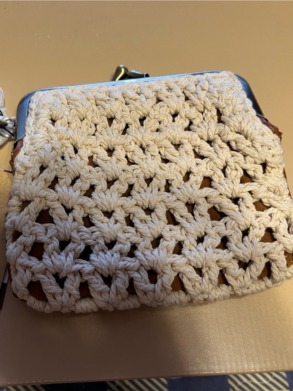 Patricia Nash Cream Crochet Coin Purse with Silver Frame